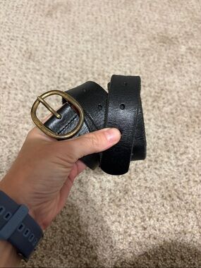 Lucky Brand Black Leather Belt with Brass Oval Buckle